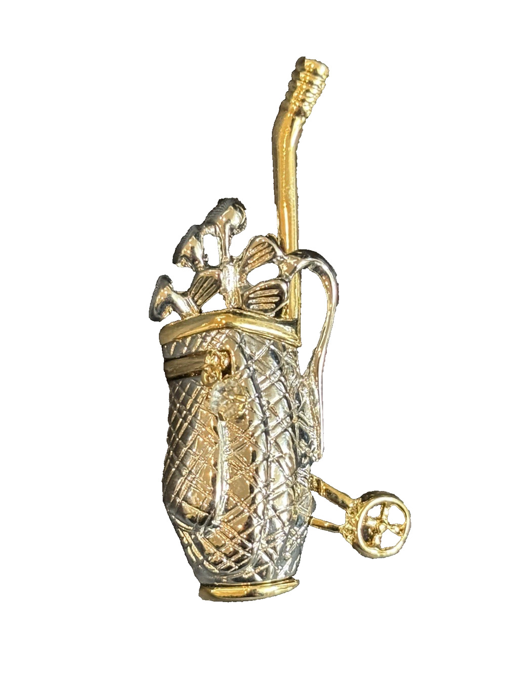Golf Bag Brooch Pin Multi Metal W/ Rhinestone Accent Gold & Silver Tone Golf Bag
